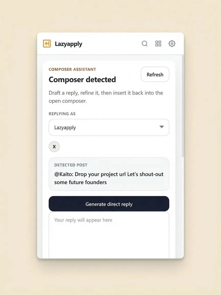 Lazyapply Chrome extension popup — generating a context-aware, product-aware reply on X or Reddit