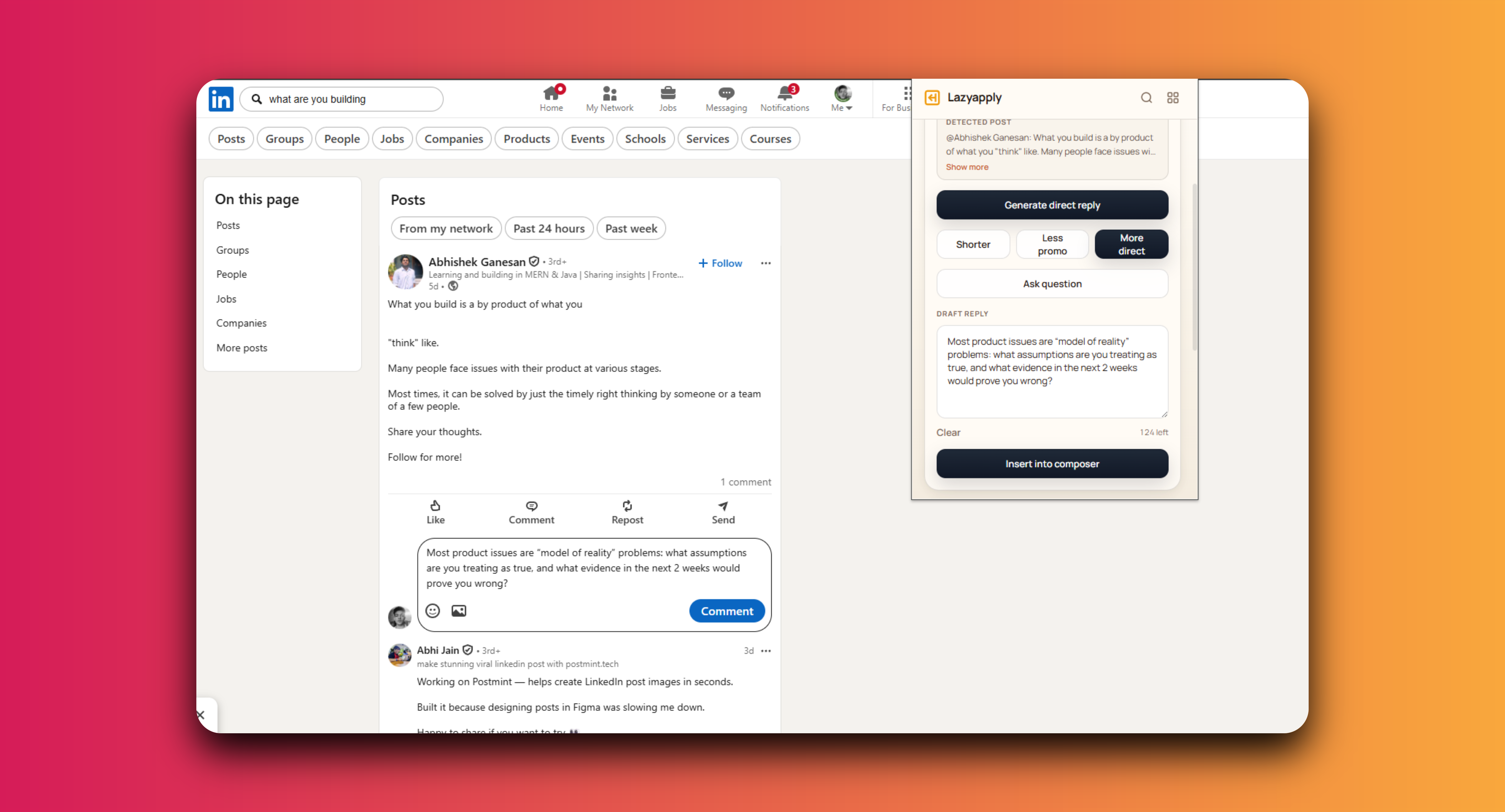 Lazyapply popup on LinkedIn, comment composer open with generated draft