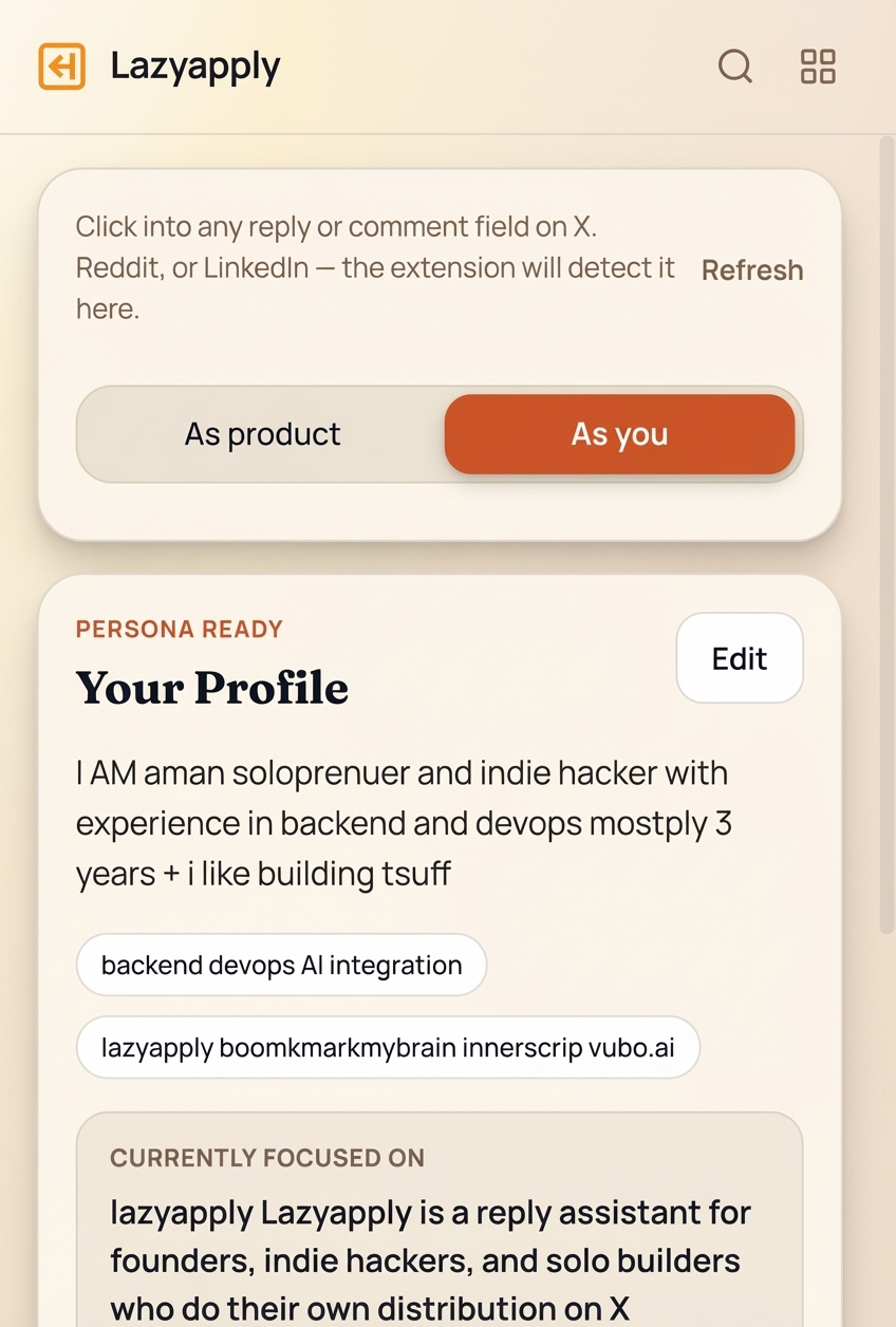Lazyapply persona mode popup — reply drafted from the founder's personal background