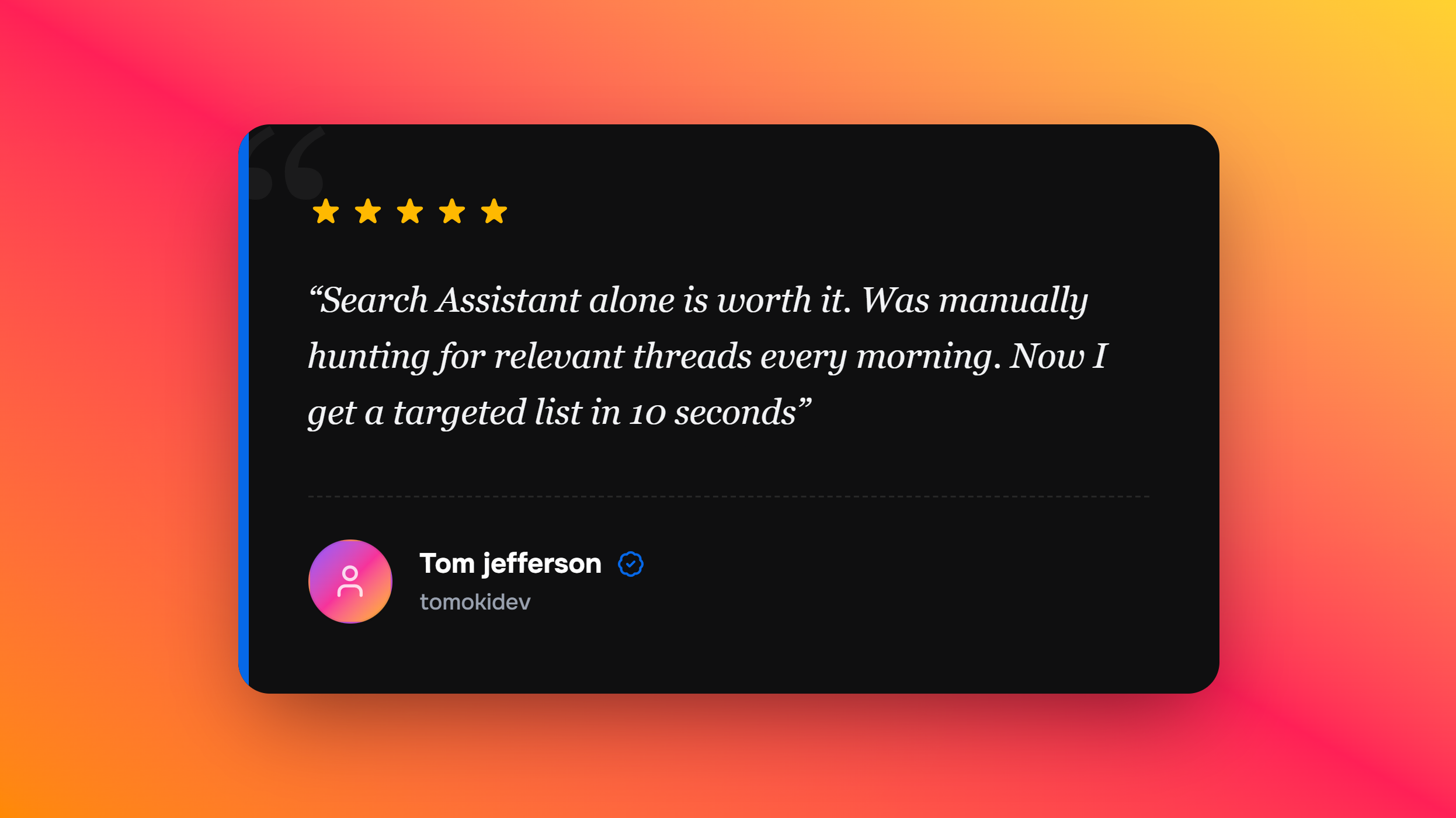 User testimonial: "Thread awareness is the whole product. Every other tool generates the same pitch regardless of what the post says." — @dkovalev