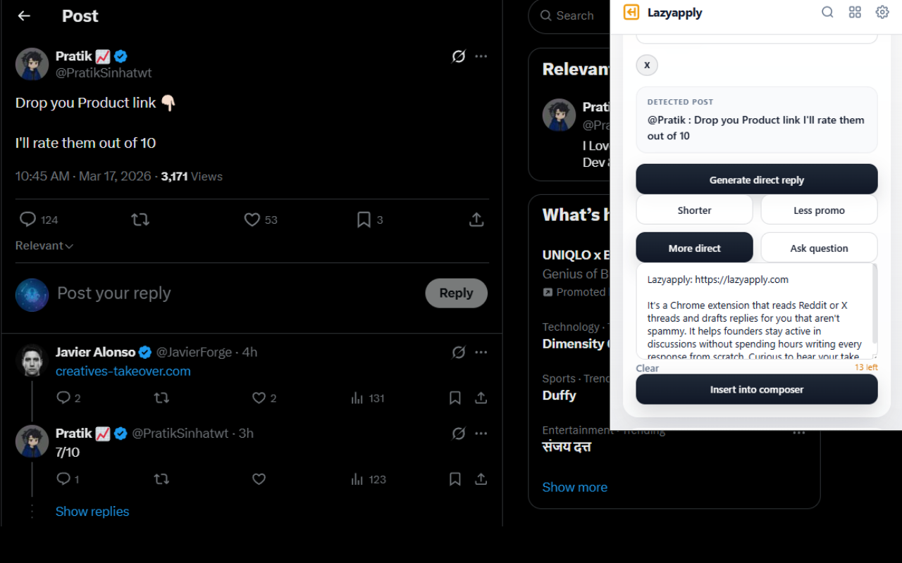 Lazyapply popup on X, reply composer open with generated draft